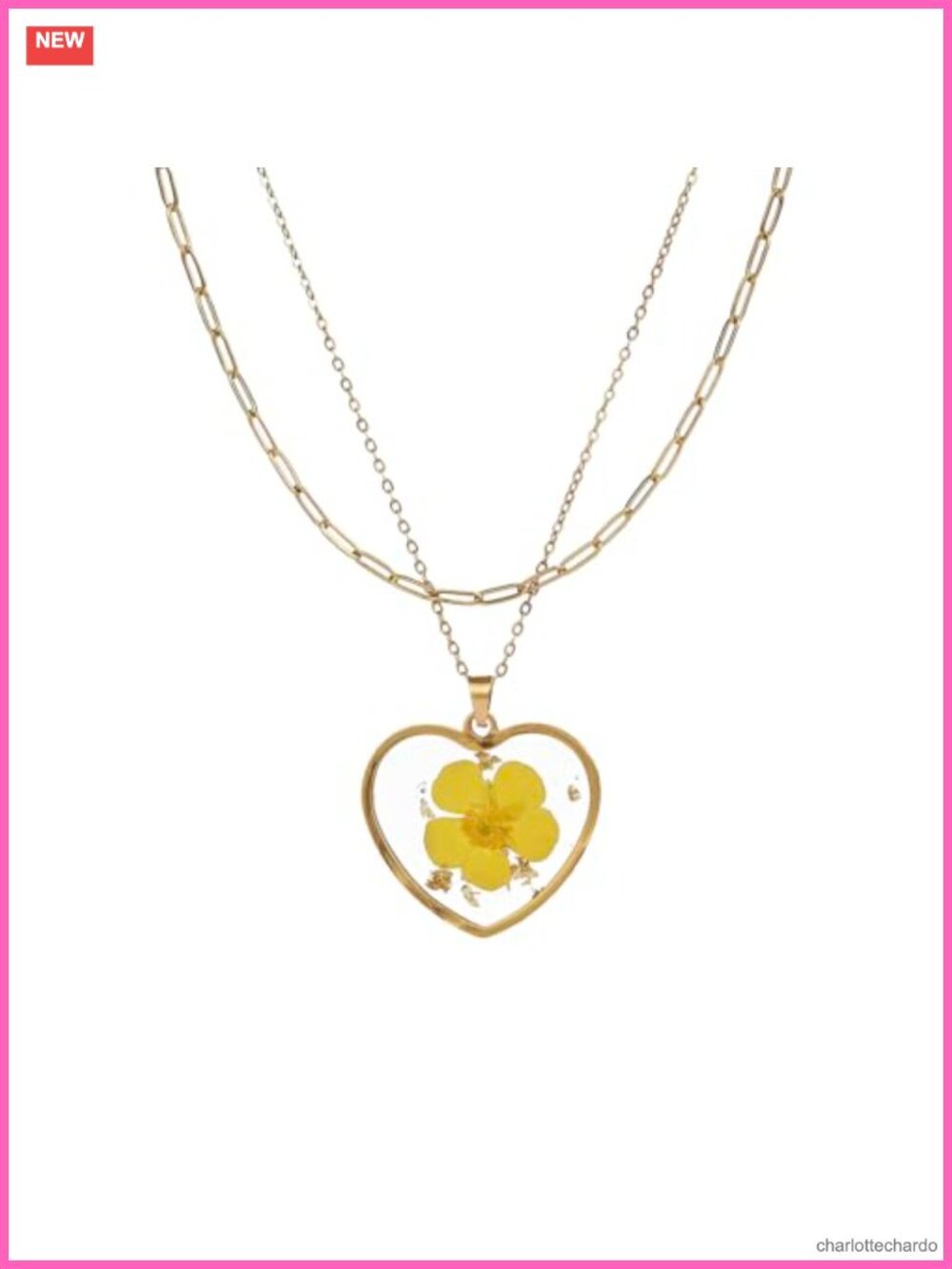 18K Gold Plated Pressed Flower Heart Necklace 2Pc Birth Month Gift